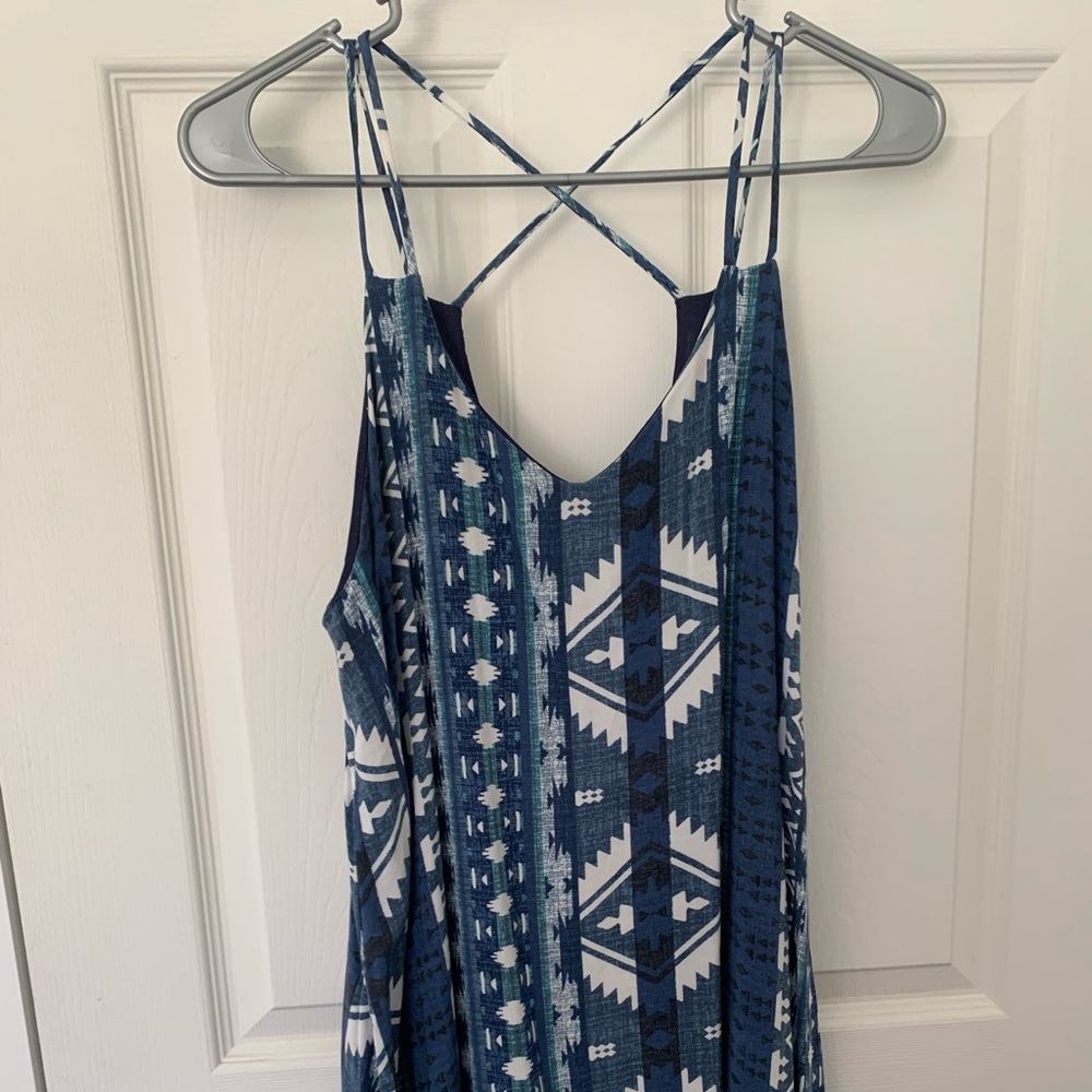 Blue Aztec Cross-Back Mini-Dress